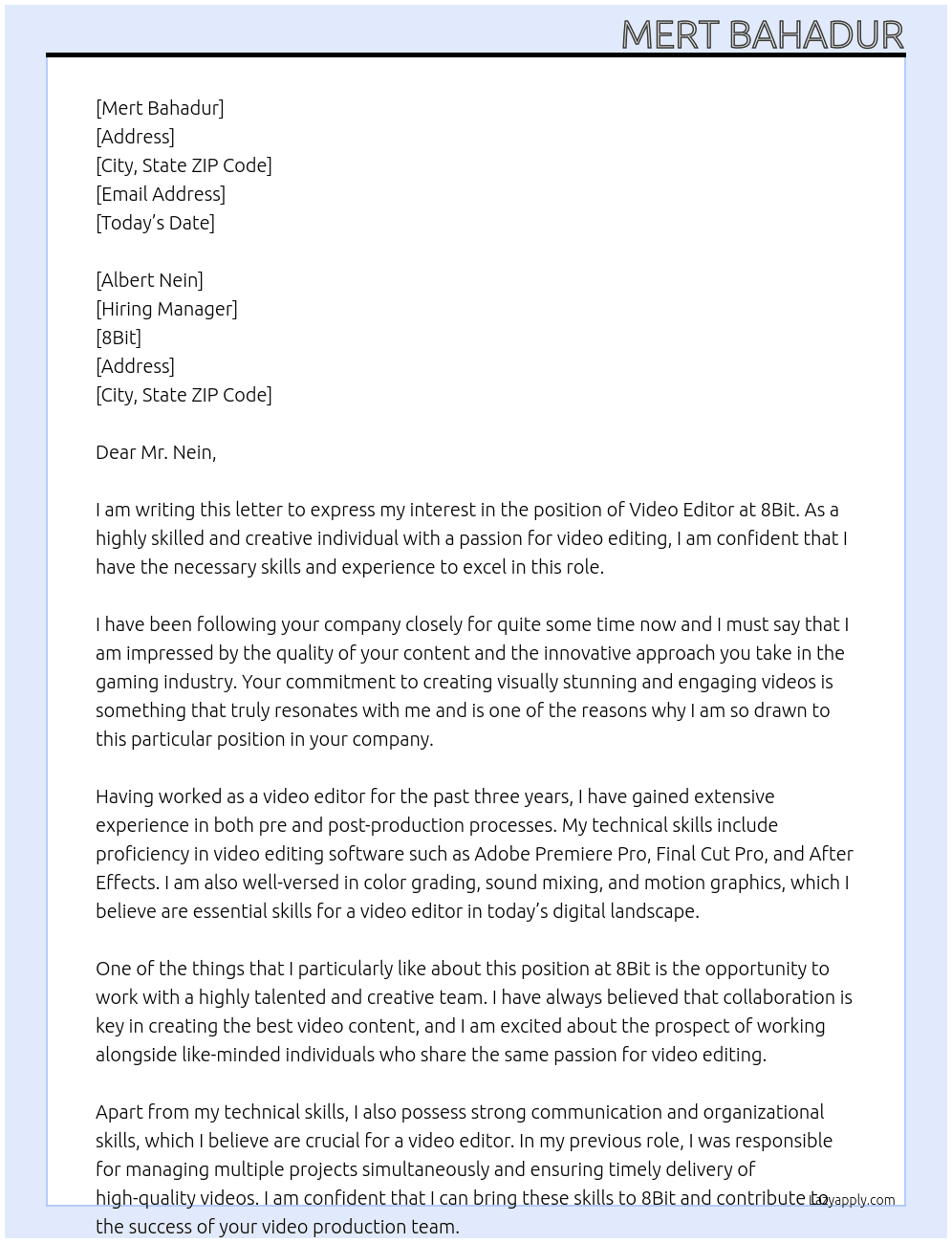Video Editör At 8Bit Cover Letter