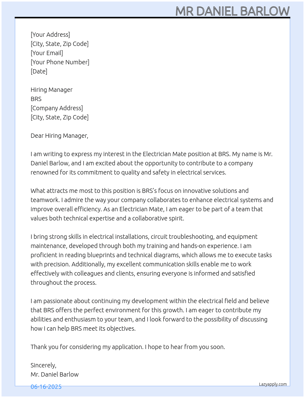 Cover letter for electrcian mate - LazyApply