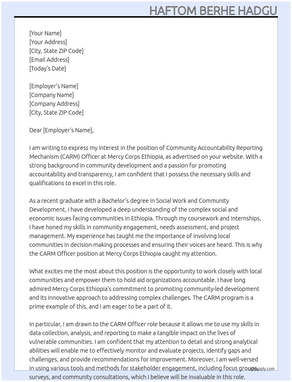 Community Accountability Reporting Mechanism (CARM) officer At Mercy Corps Ethiopia Cover Letter
