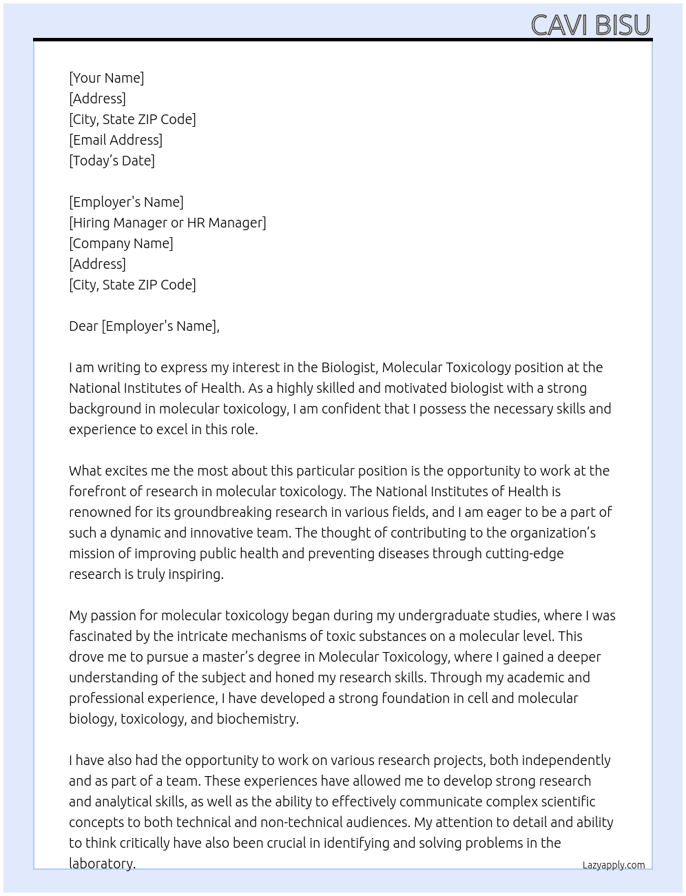 Biologist, Molecular Toxicology At National Institutes of Health Cover Letter