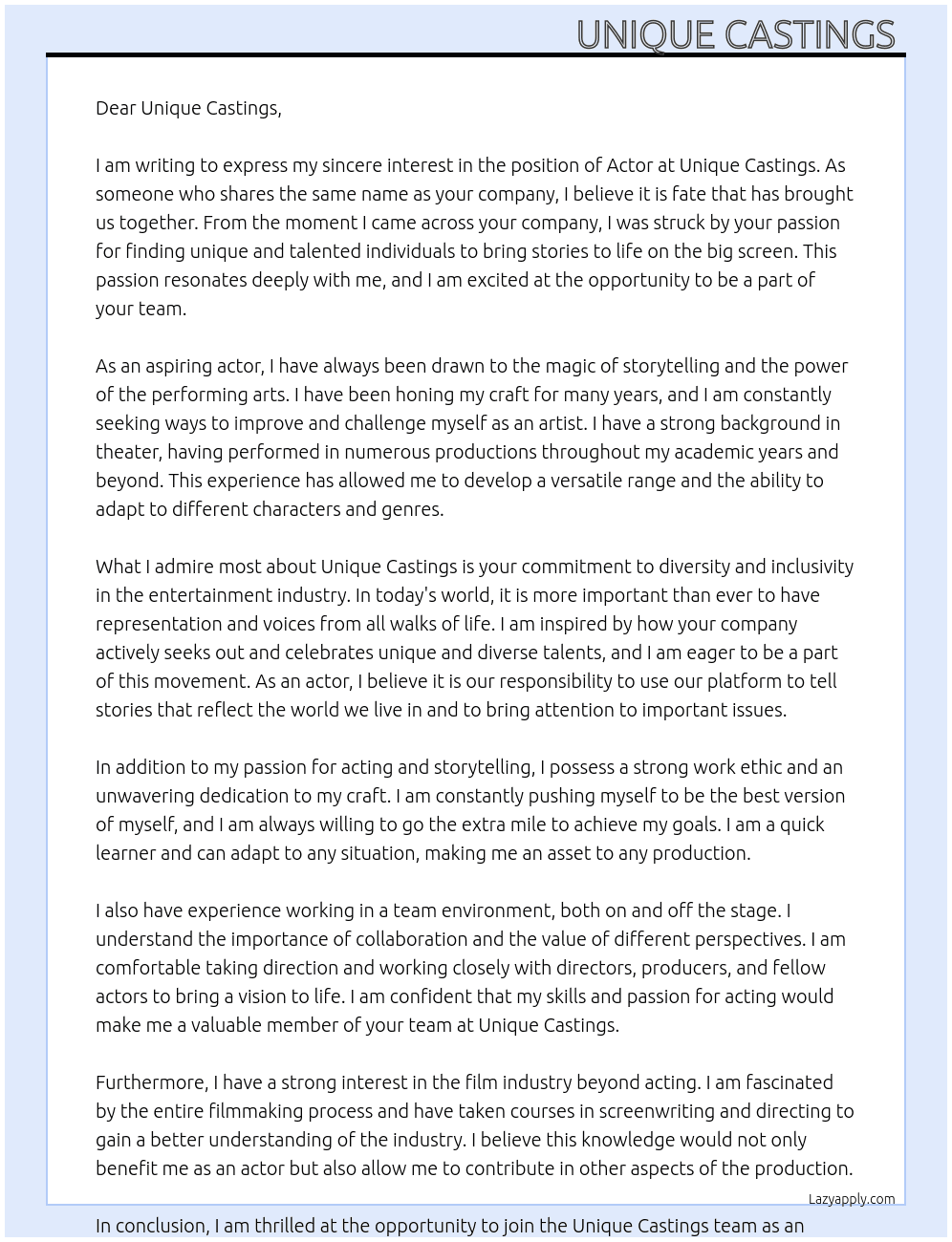 Actor  At Unique Castings  Cover Letter