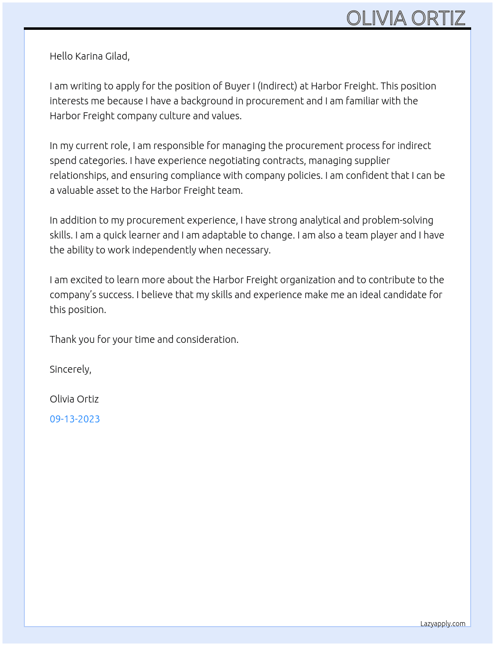 Buyer I (Indirect) At Harbor freight  Cover Letter