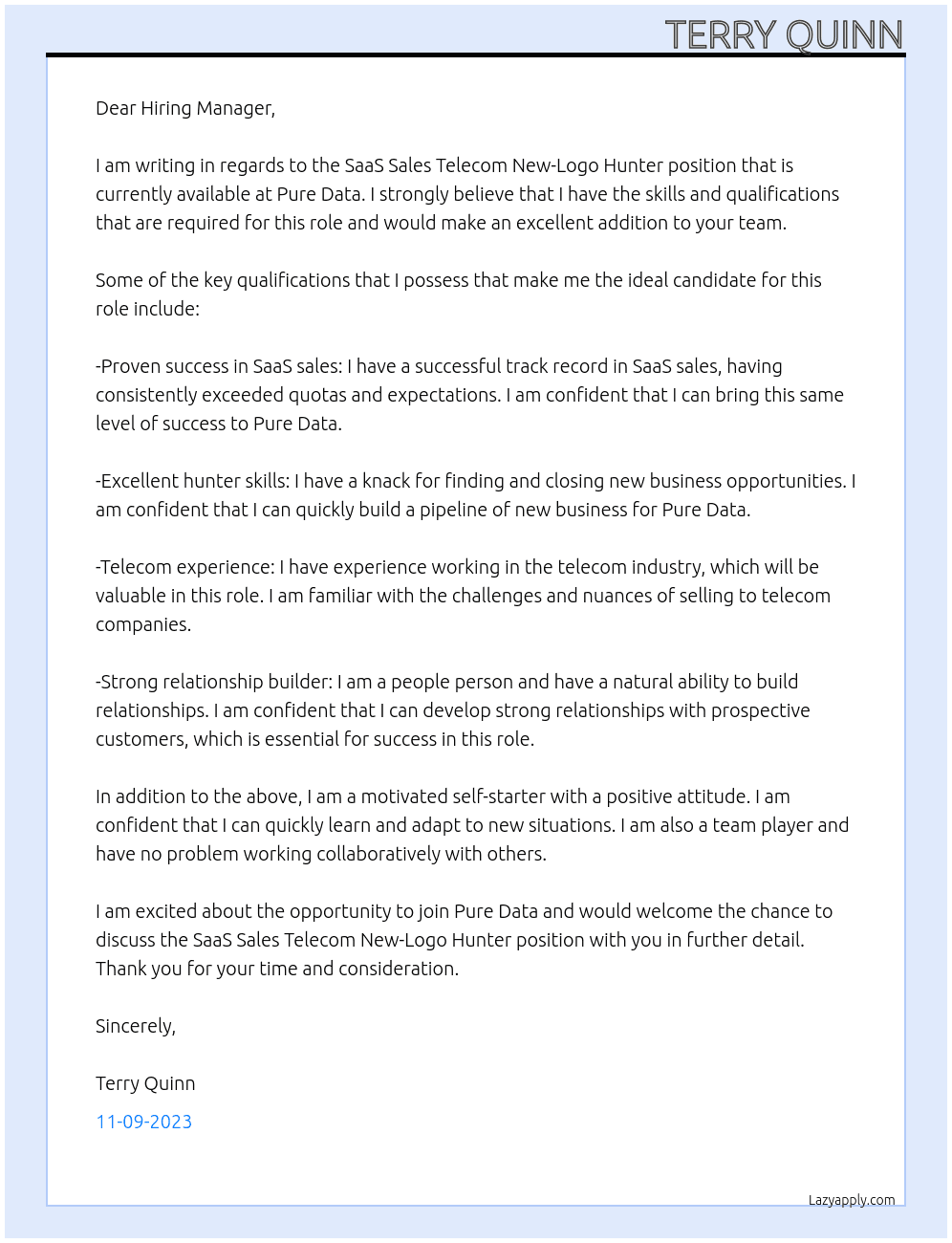 SaaS Sales Telecom New-Logo Hunter At Pure Data Cover Letter