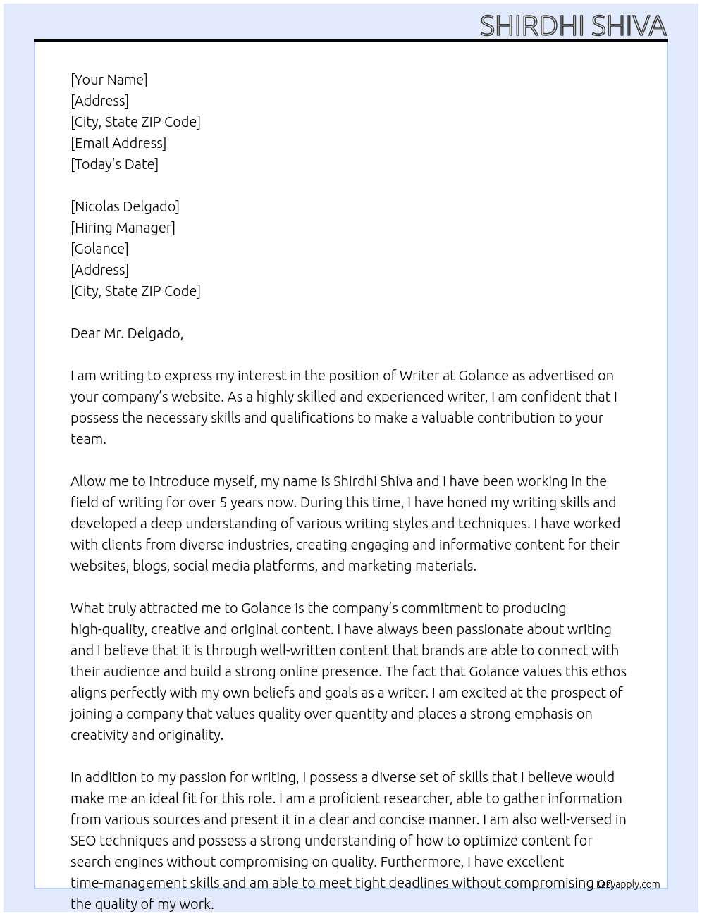 writter At golance Cover Letter