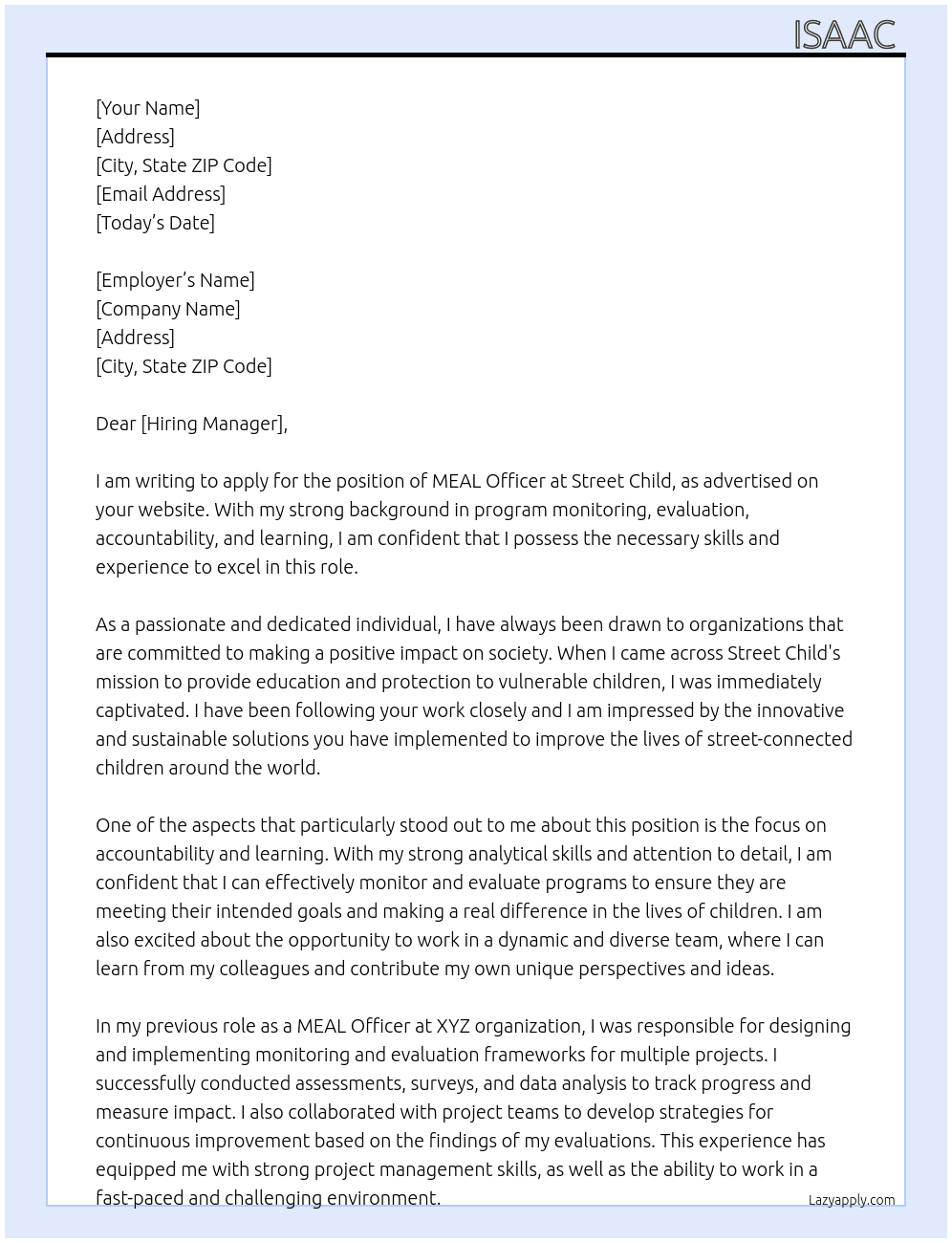 MEAL officer At Street child Cover Letter