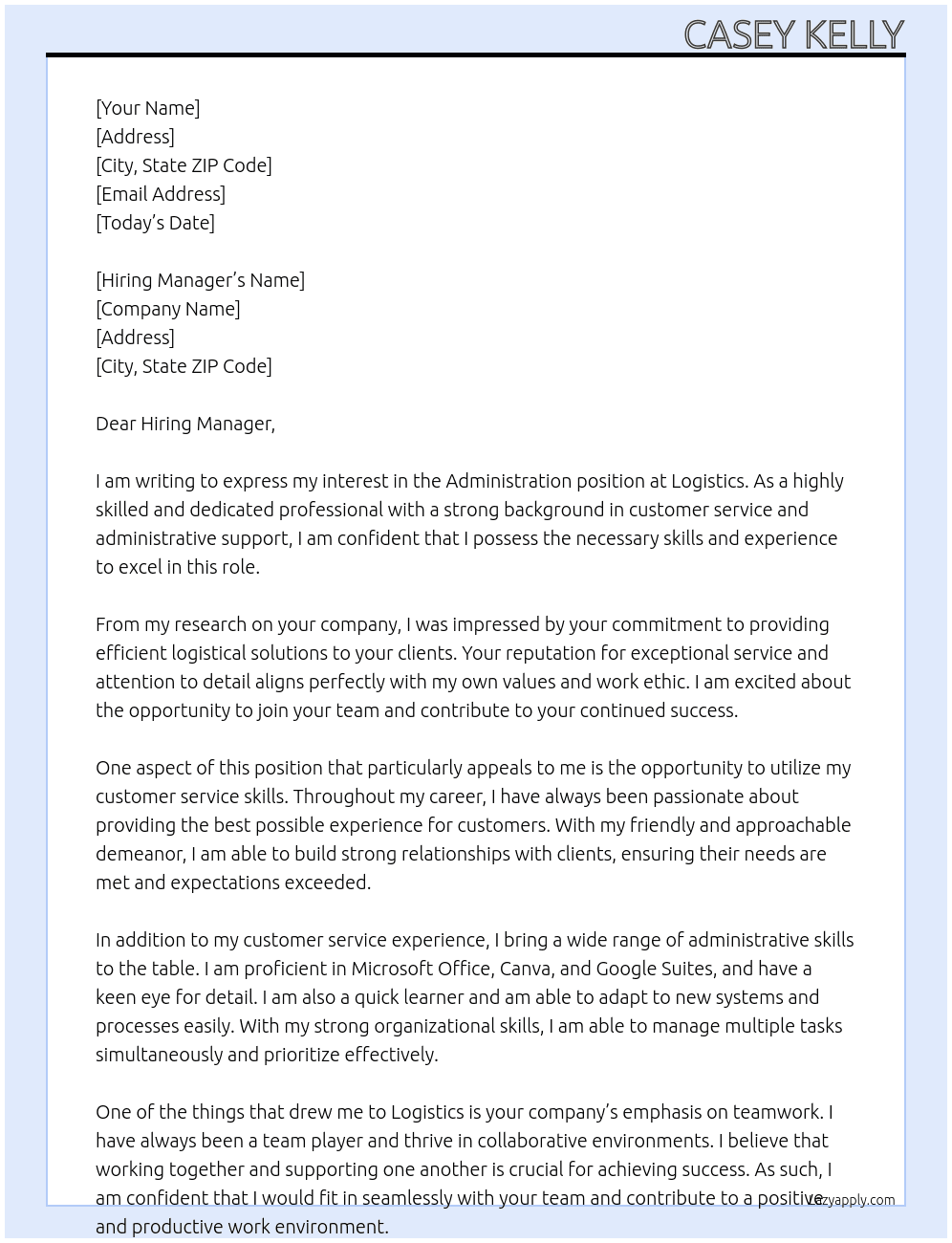 Administration  At Logistics  Cover Letter
