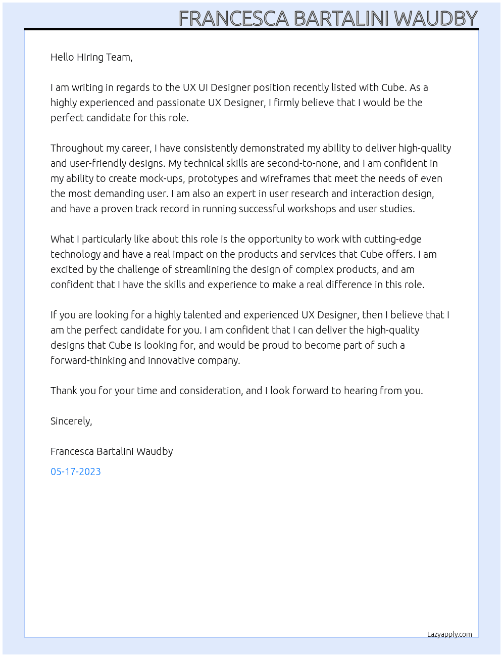 UX UI Designer At Cube Cover Letter