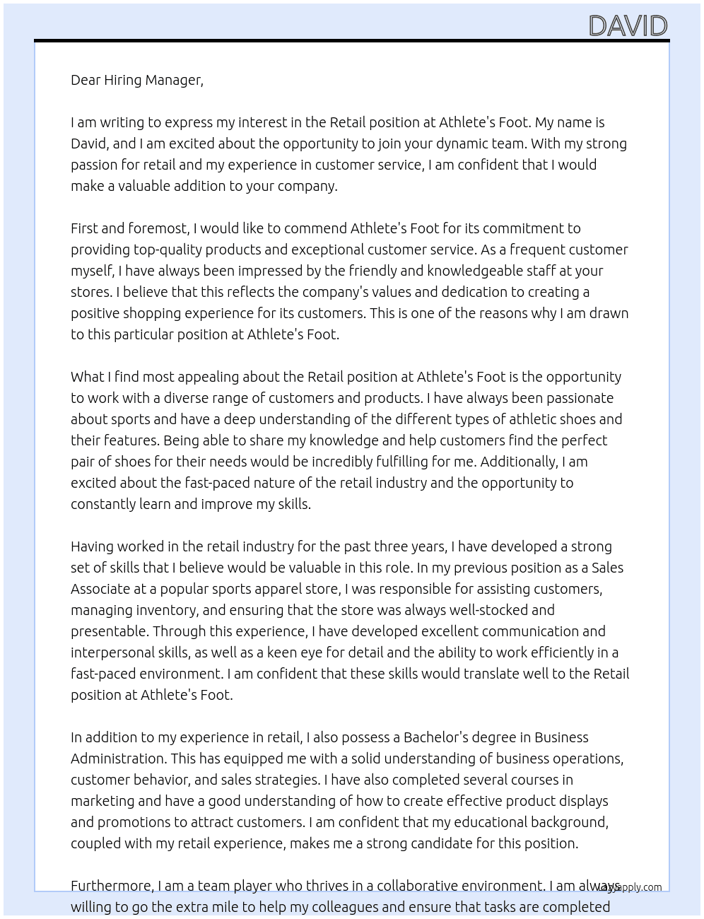 Retail  At Athlete's foot  Cover Letter