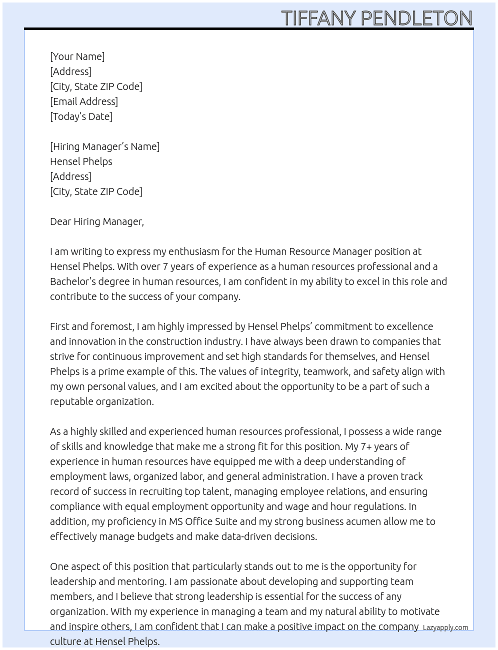 Human Resource Manager At Hensel Phelps Cover Letter