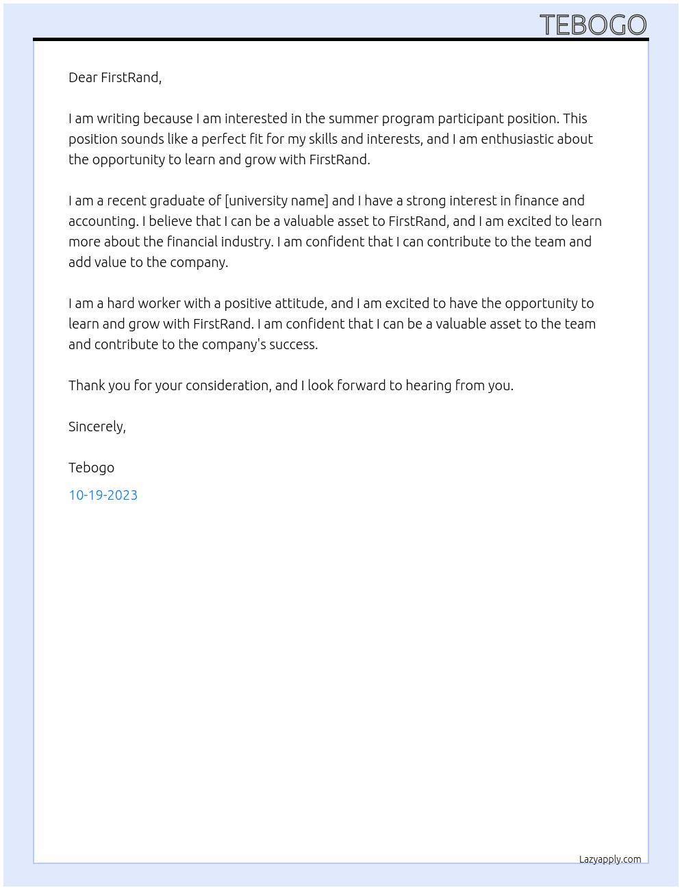 Summer program participant At FirstRand Cover Letter