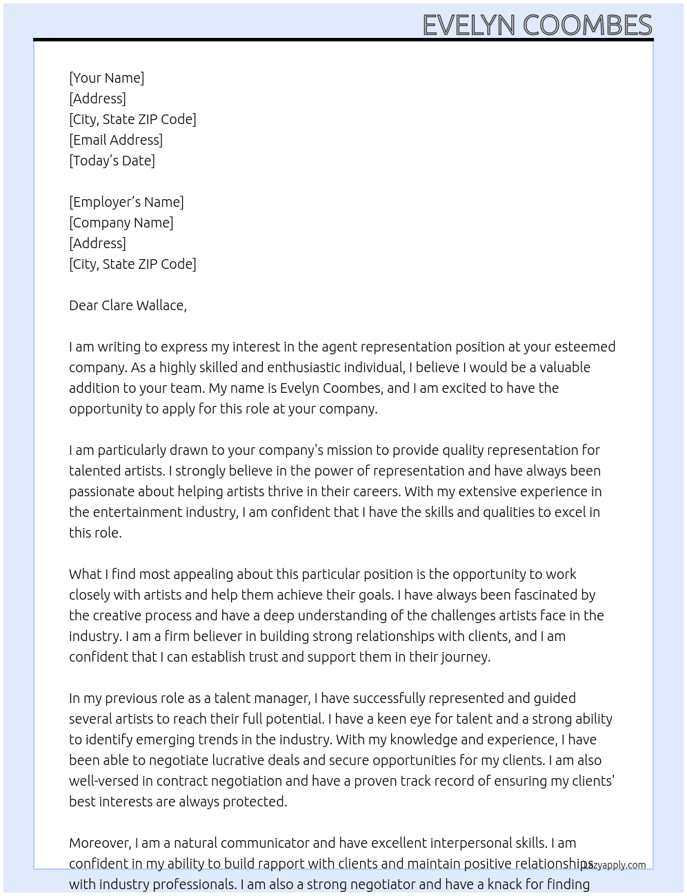 agent representation At Clare Wallace Cover Letter