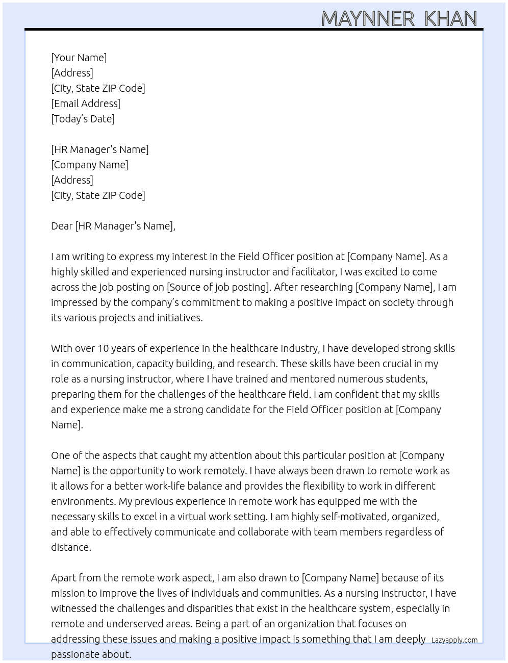 field officer  At xxx Cover Letter