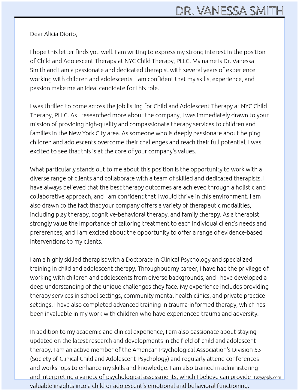 Child and Adolescent Therapy At NYC Child Therapy, PLLC Cover Letter