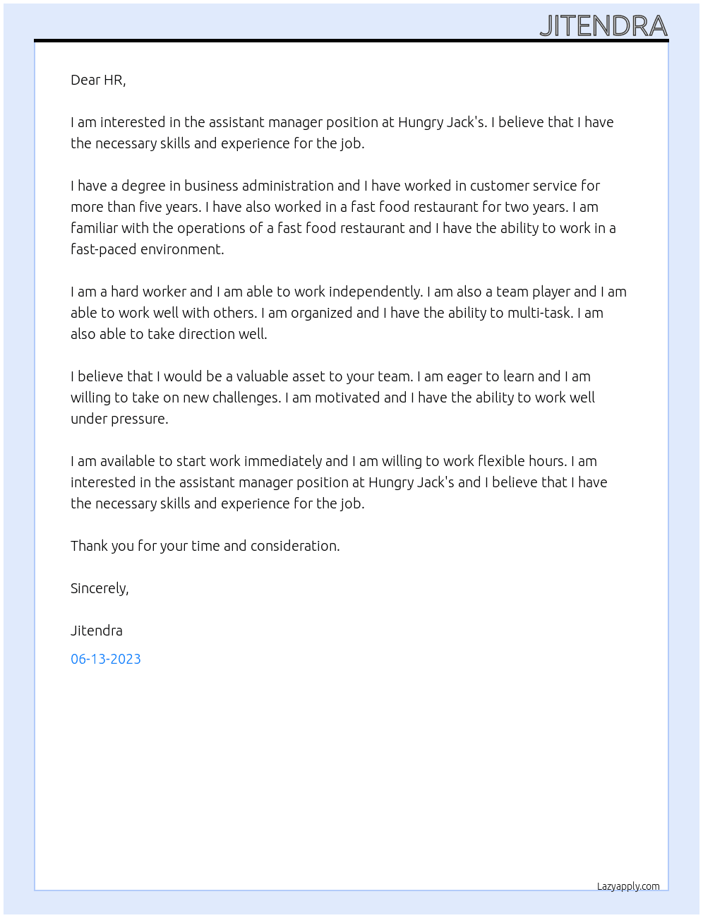 Assistant Manager At Hungry Jack's Cover Letter