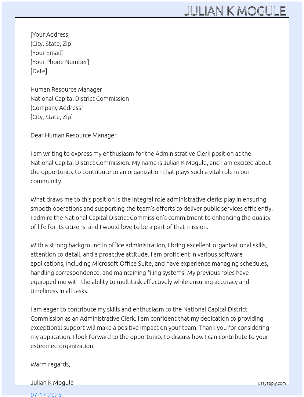 Adminstrative clerk At National Capital District Commission  Cover Letter