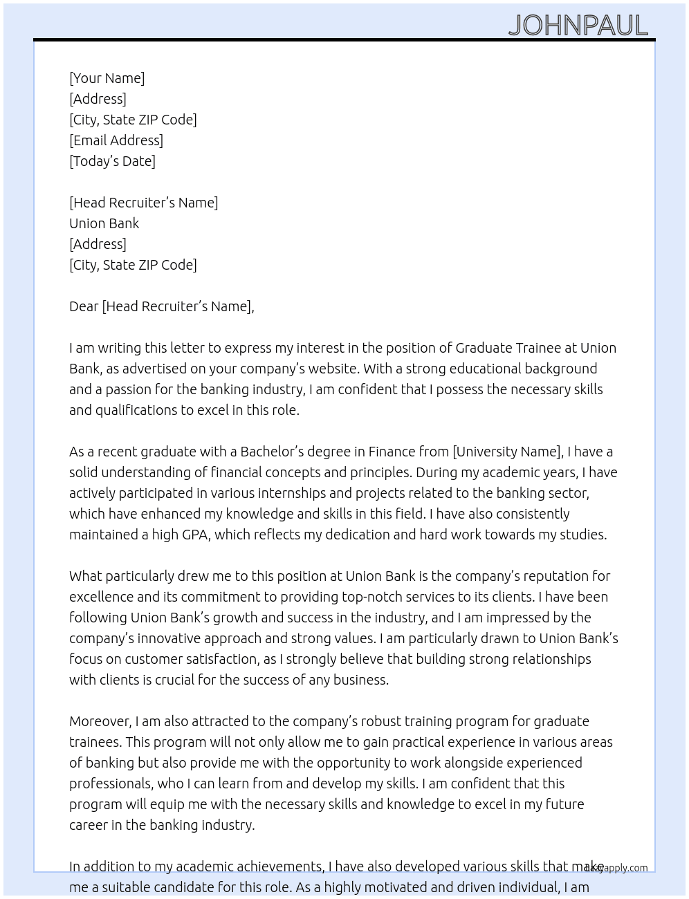 graduate trainee At Union Bank Cover Letter