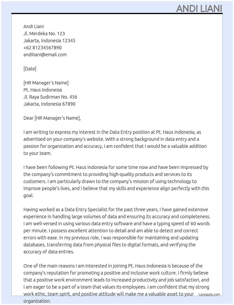 Data entri At Pt. Haus indonesia Cover Letter