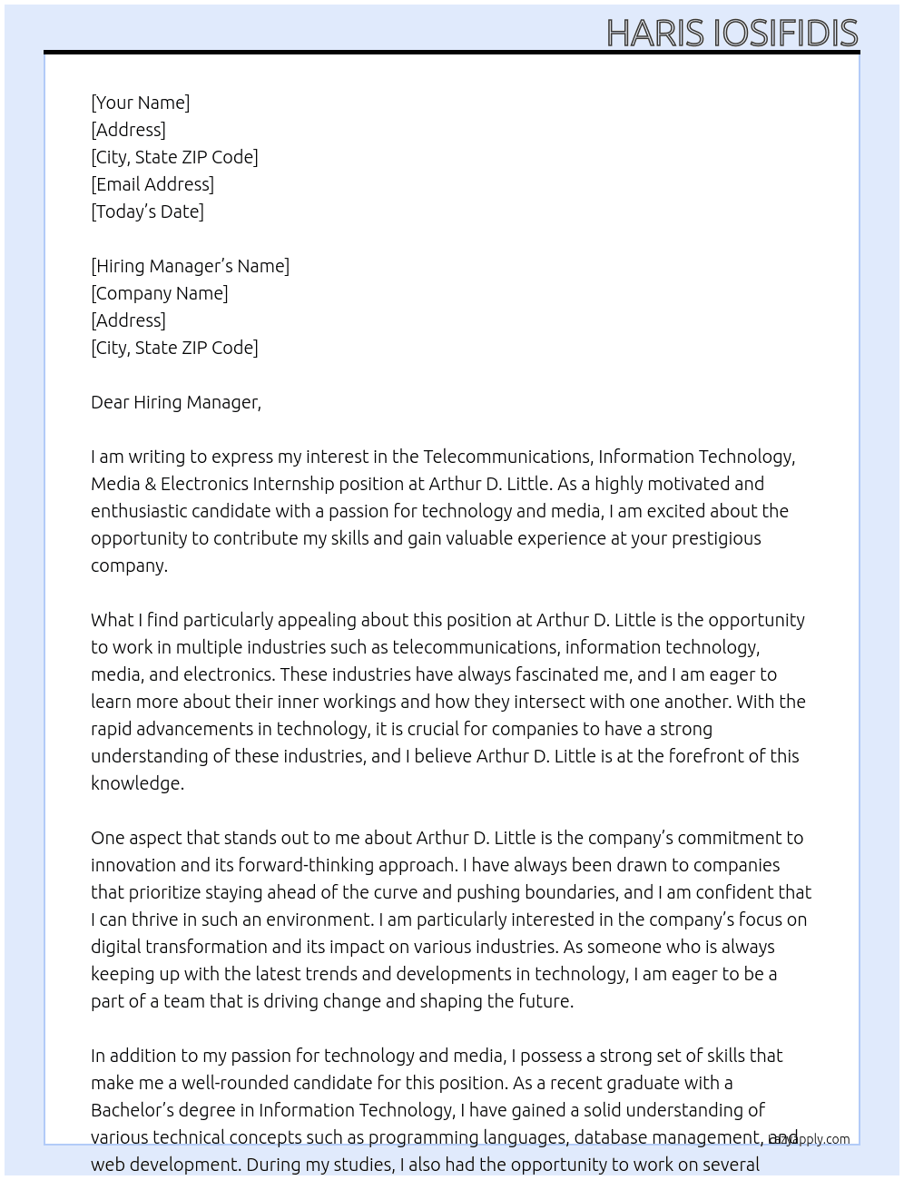 Telecommunications, Information Technology, Media & Electronics Internship At Arthur D. Little Cover Letter