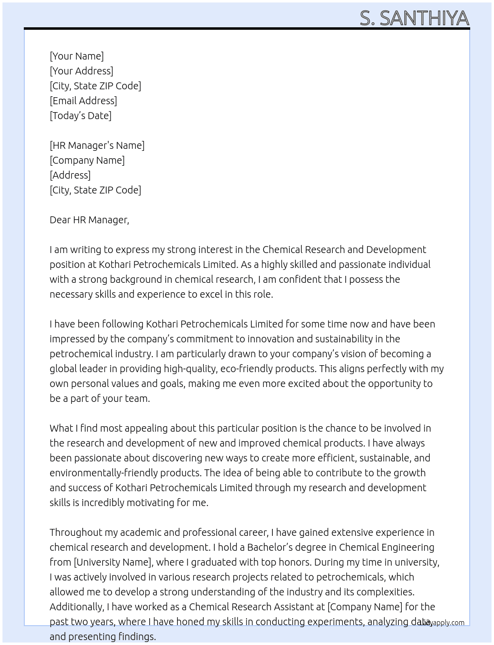 chemical research and development  At Kothari Petrochemicals Limited Cover Letter