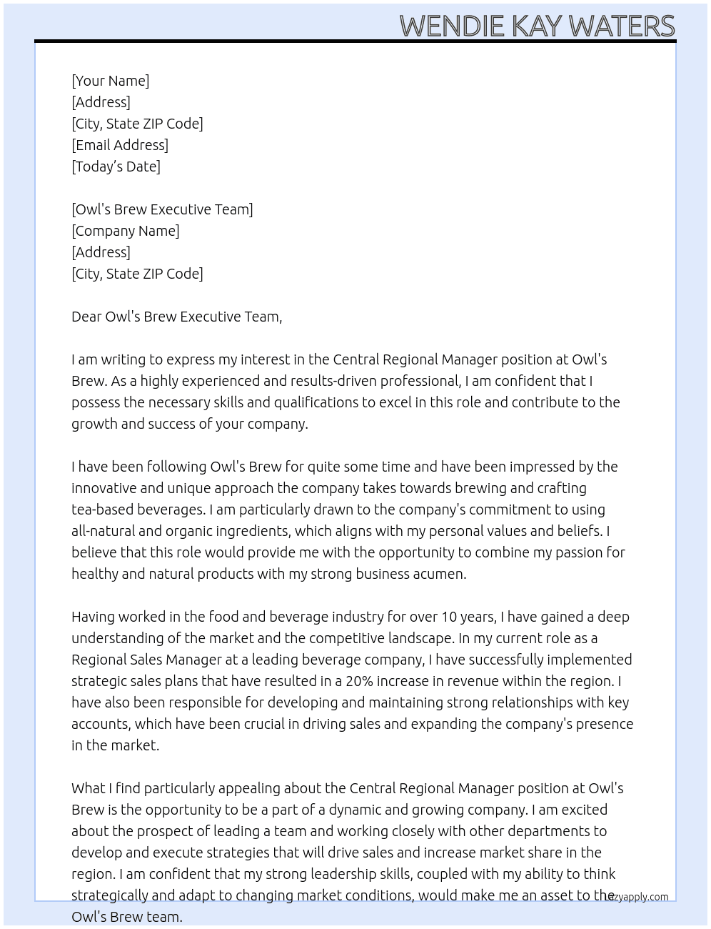Central Regional Manager At Owl's Brew Cover Letter