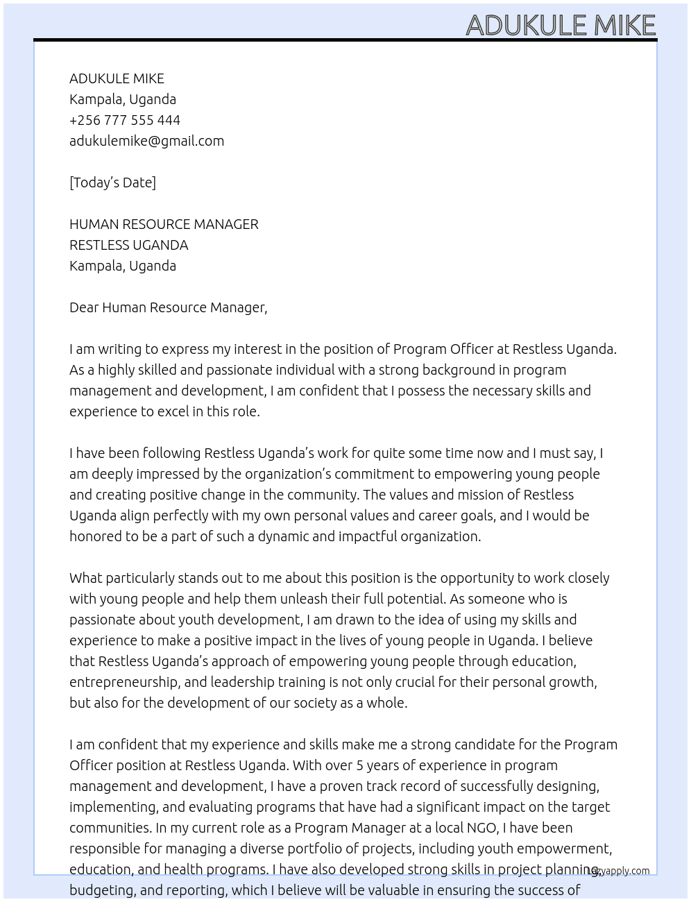 program officer At RESTLESS UGANDA Cover Letter