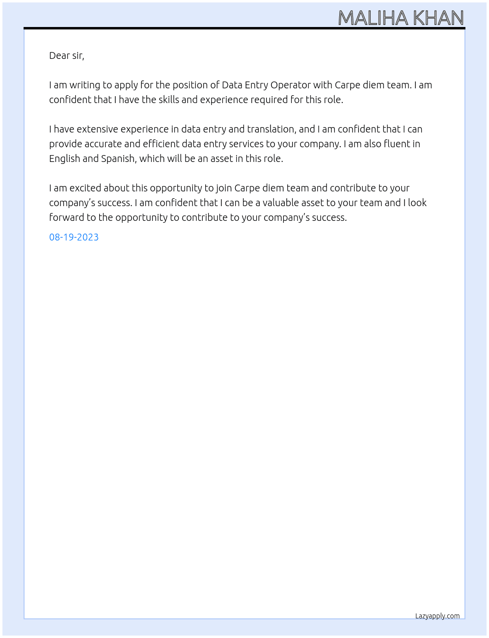 Data entry operator At Carpe diem team Cover Letter