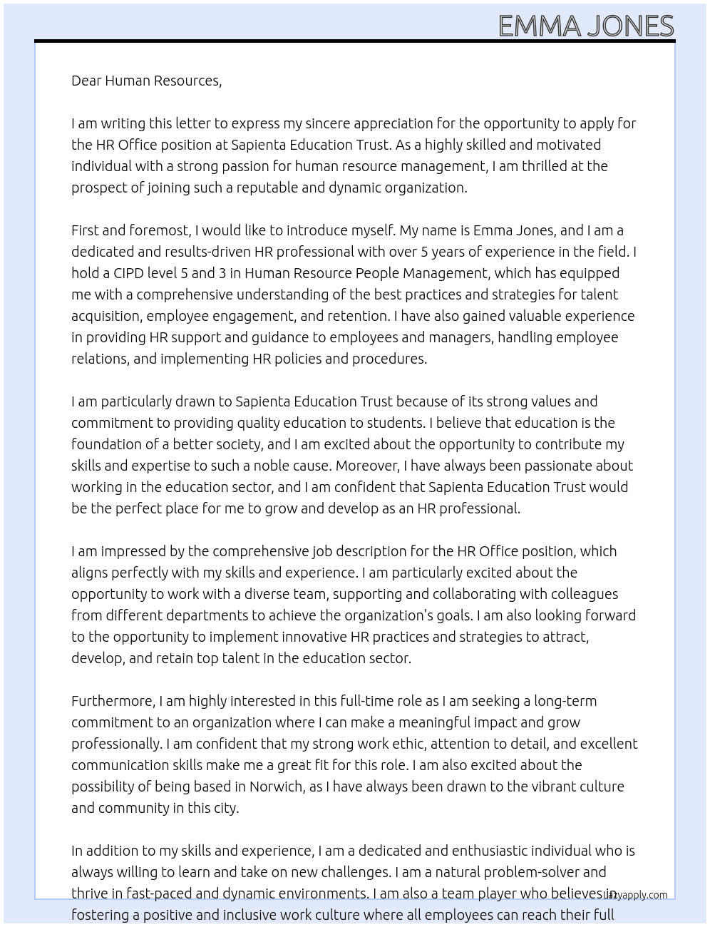 HR Office At Sapienta Education Trust Cover Letter