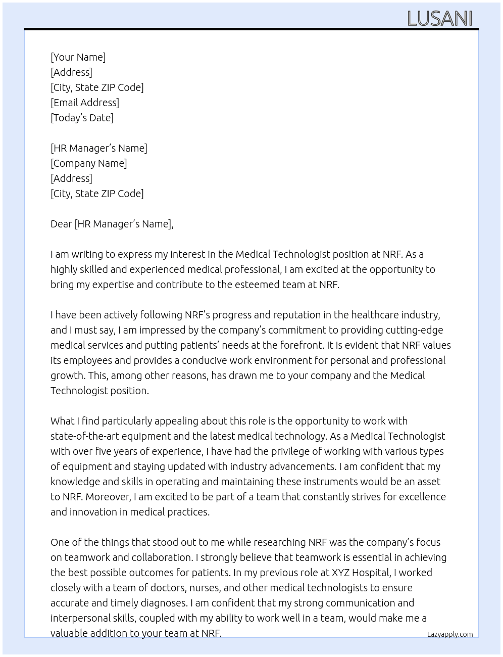 Medical technologist  At NRF Cover Letter