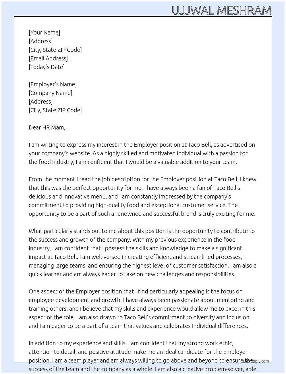 Employer At Taco bell  Cover Letter