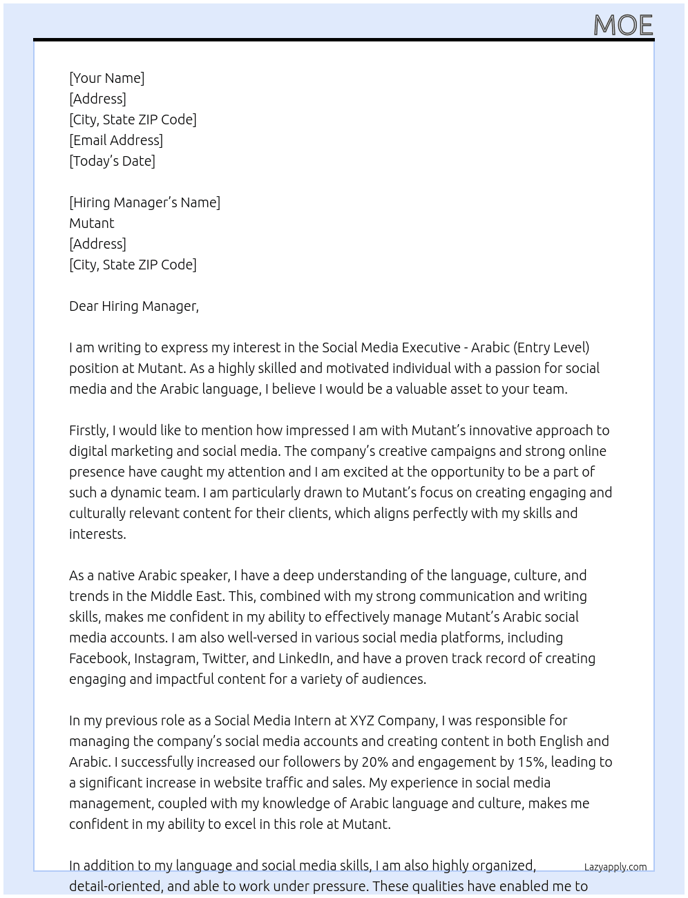 Social Media Executive - Arabic (Entry Level) At Mutant Cover Letter