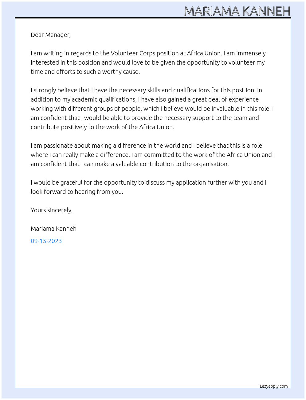 volunteer corps At africa union Cover Letter