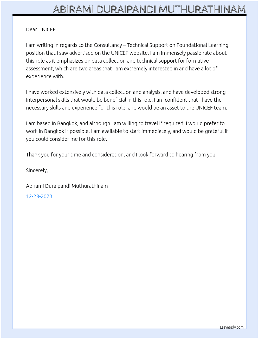 Consultancy – Technical Support on Foundational Learning At UNICEF East Asia and Pacific Regional Office Cover Letter