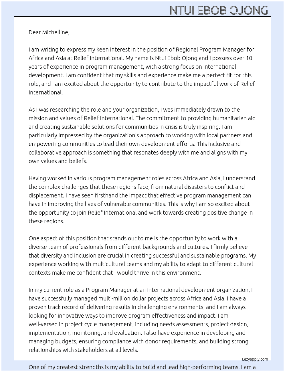 Regional Program Manager Africa and Asia At Relief International Cover Letter