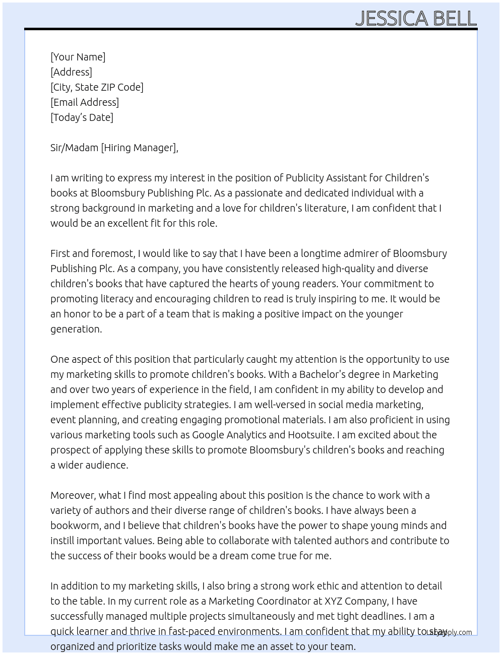 Publicity Assistant, Children's At Bloomsbury Publishing Plc Cover Letter