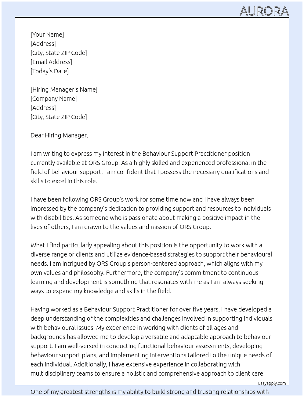 Behaviour Support Practitioner At ORS Group Cover Letter