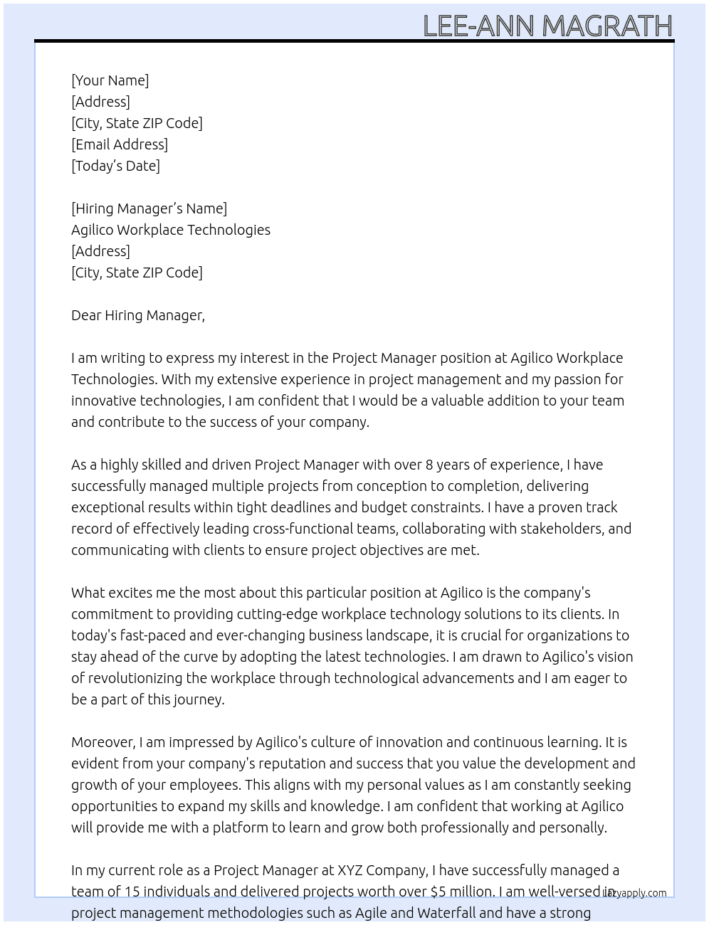 Project Manager At Agilico Workplace Technologies Cover Letter