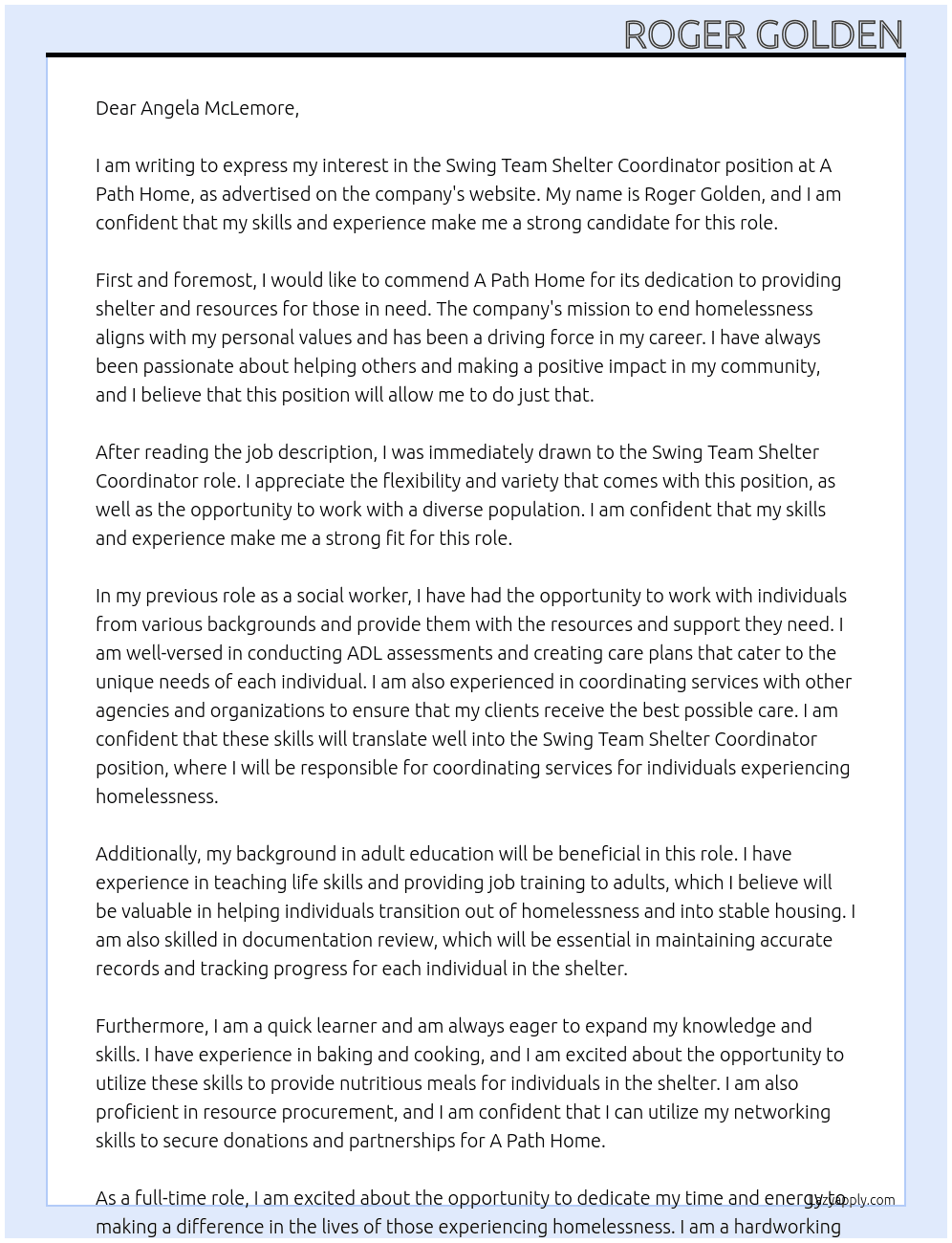 Cover letter for swing team shelter coordinator - LazyApply