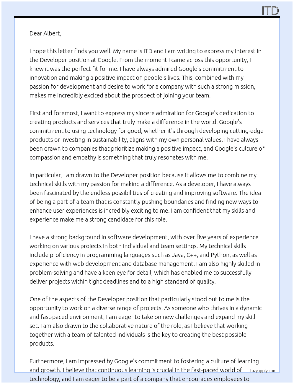 developer At google Cover Letter