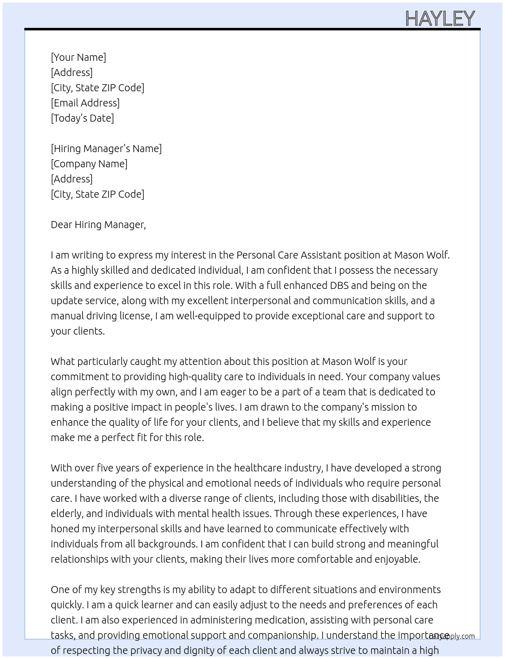 Personal care assistant  At Mason Wolf Cover Letter