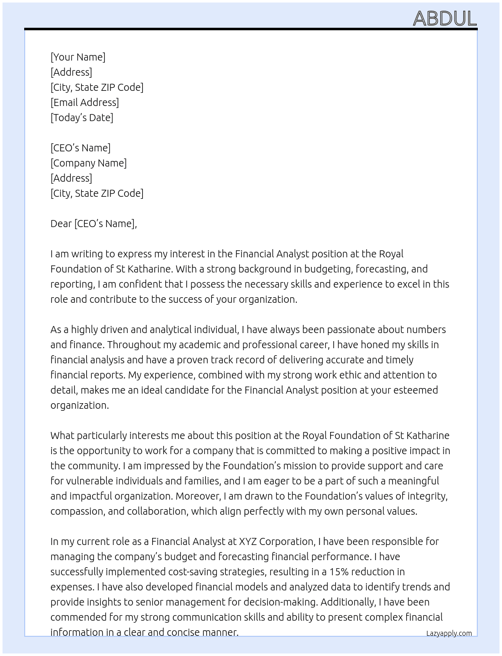 Financial Analyst At Royal Foundation of St Katharine Cover Letter