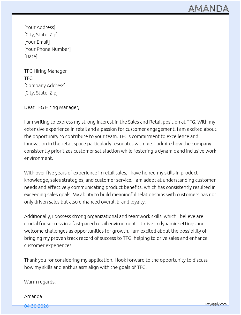Sale and retail  At TFG Cover Letter