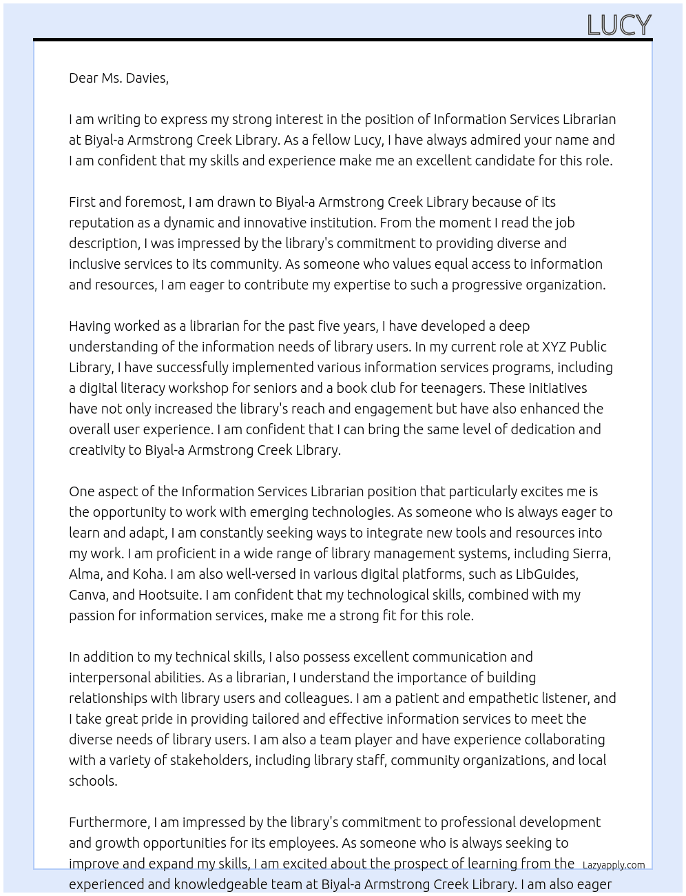 Information services libarian At Biyal-a Armstrong Creek Library Cover Letter