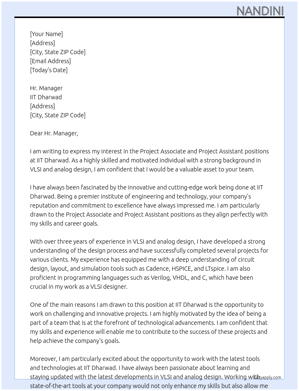 Project associate and project assistant  At IIT dharwad  Cover Letter