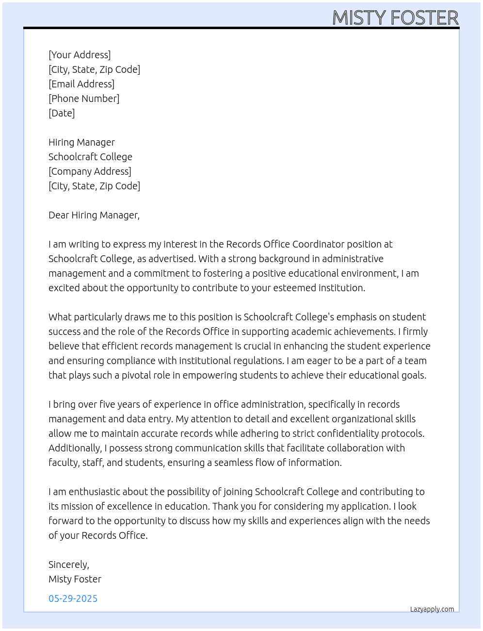 Cover letter for records office coordinator - LazyApply