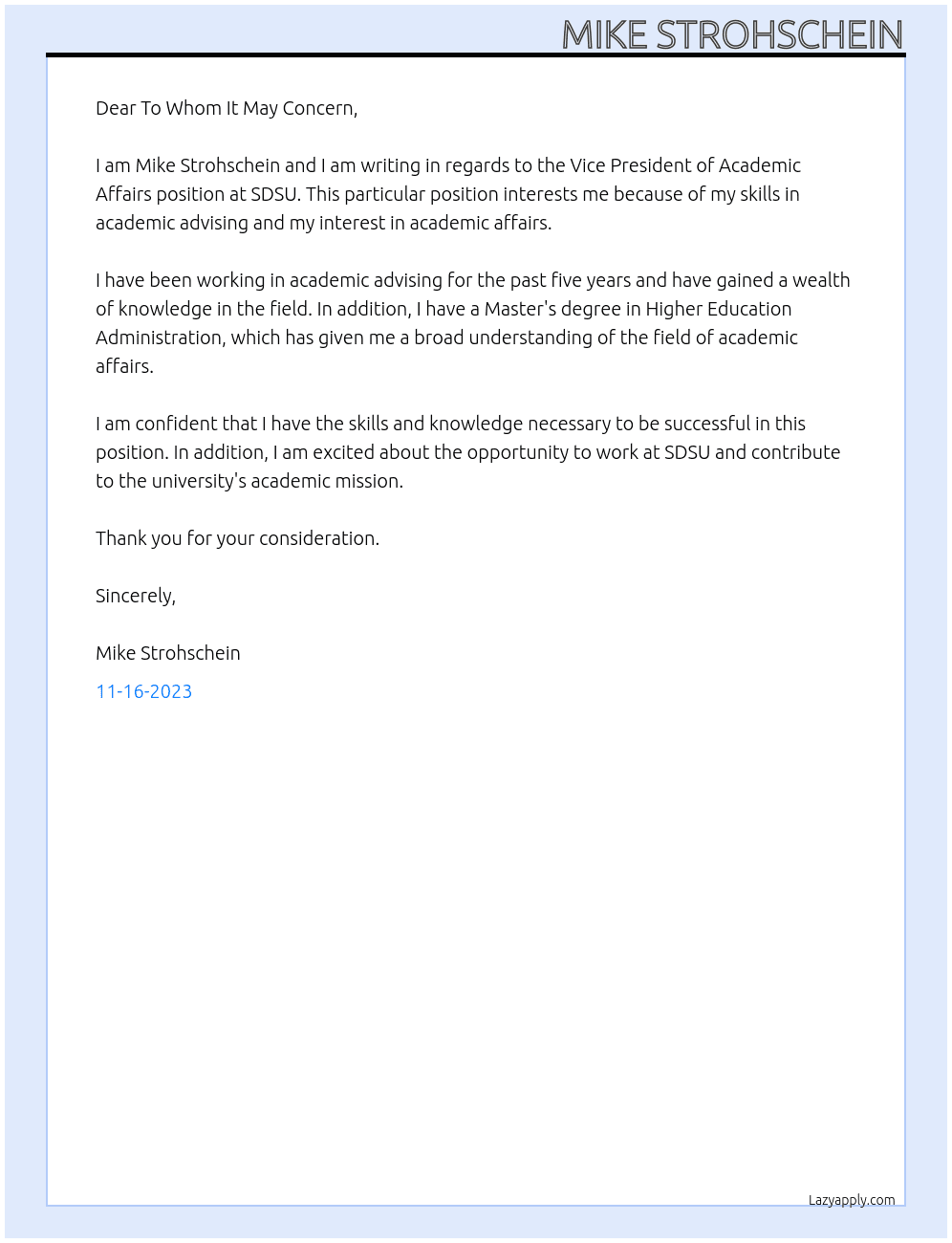 Vice Oresident Academic Affairs  At SDSU Cover Letter