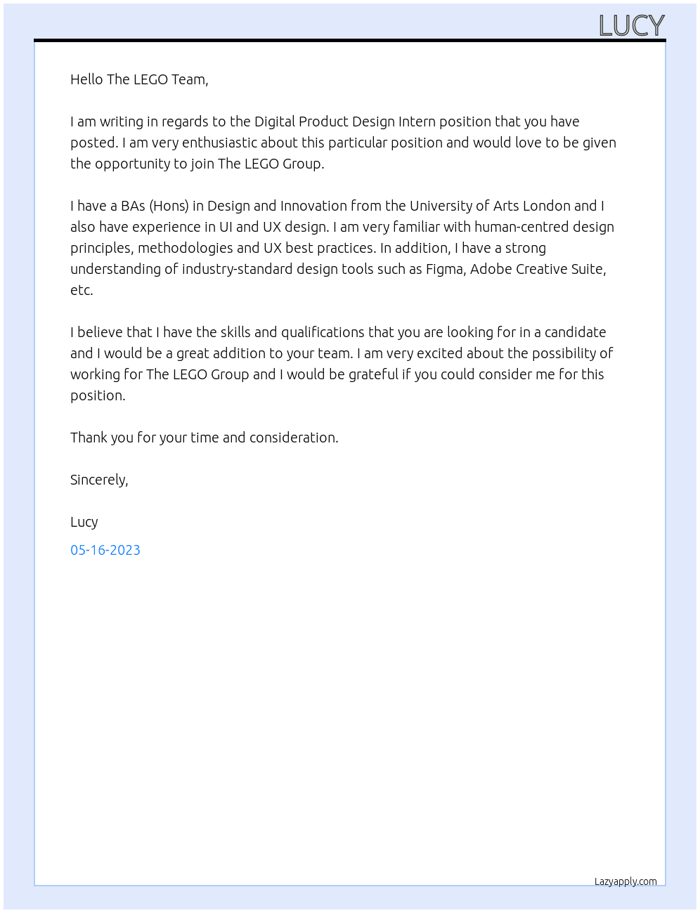 Digital Product Design Intern At The LEGO Group Cover Letter