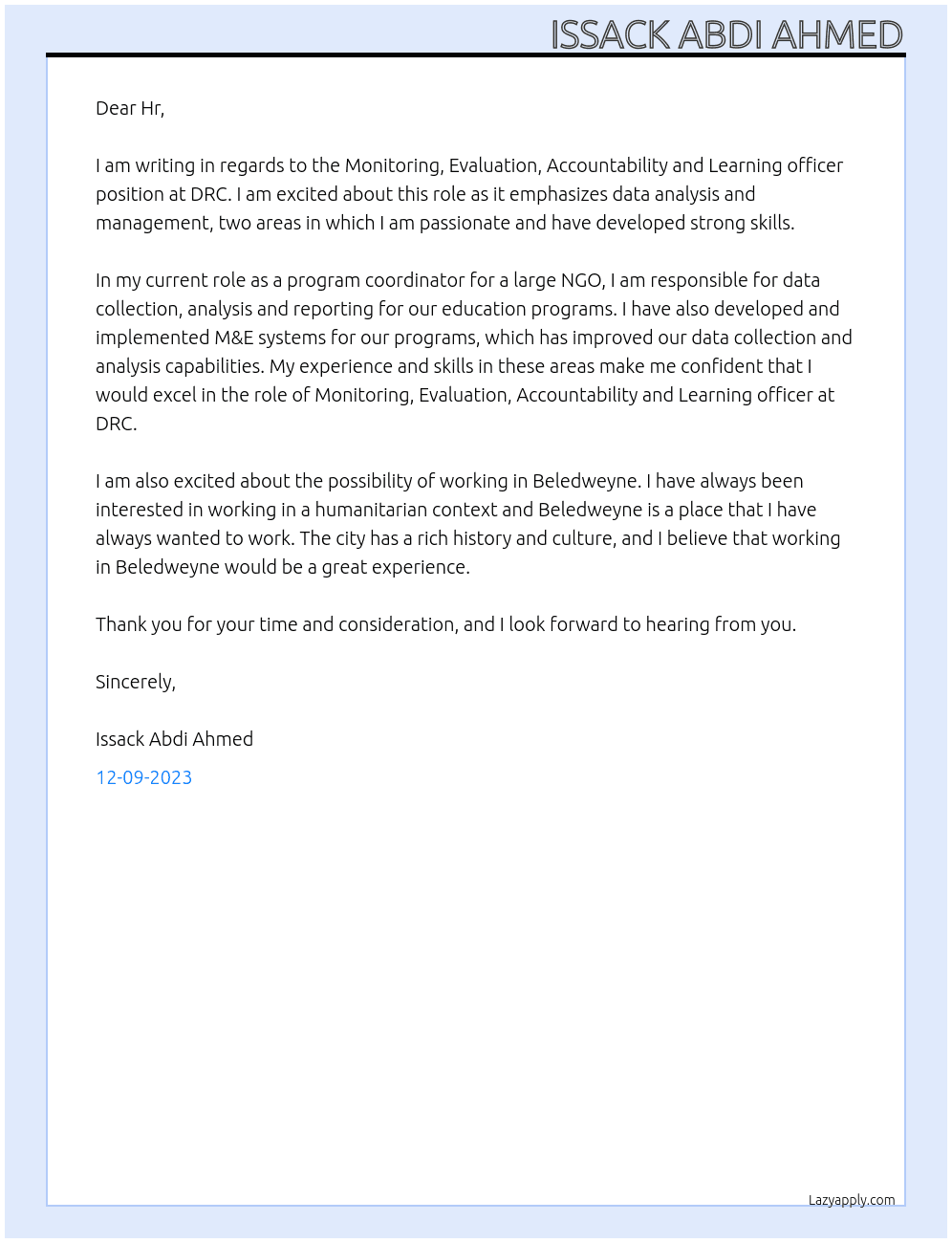 Monitoring , Evaluation ,Accountability and Learning officer At DRC Cover Letter