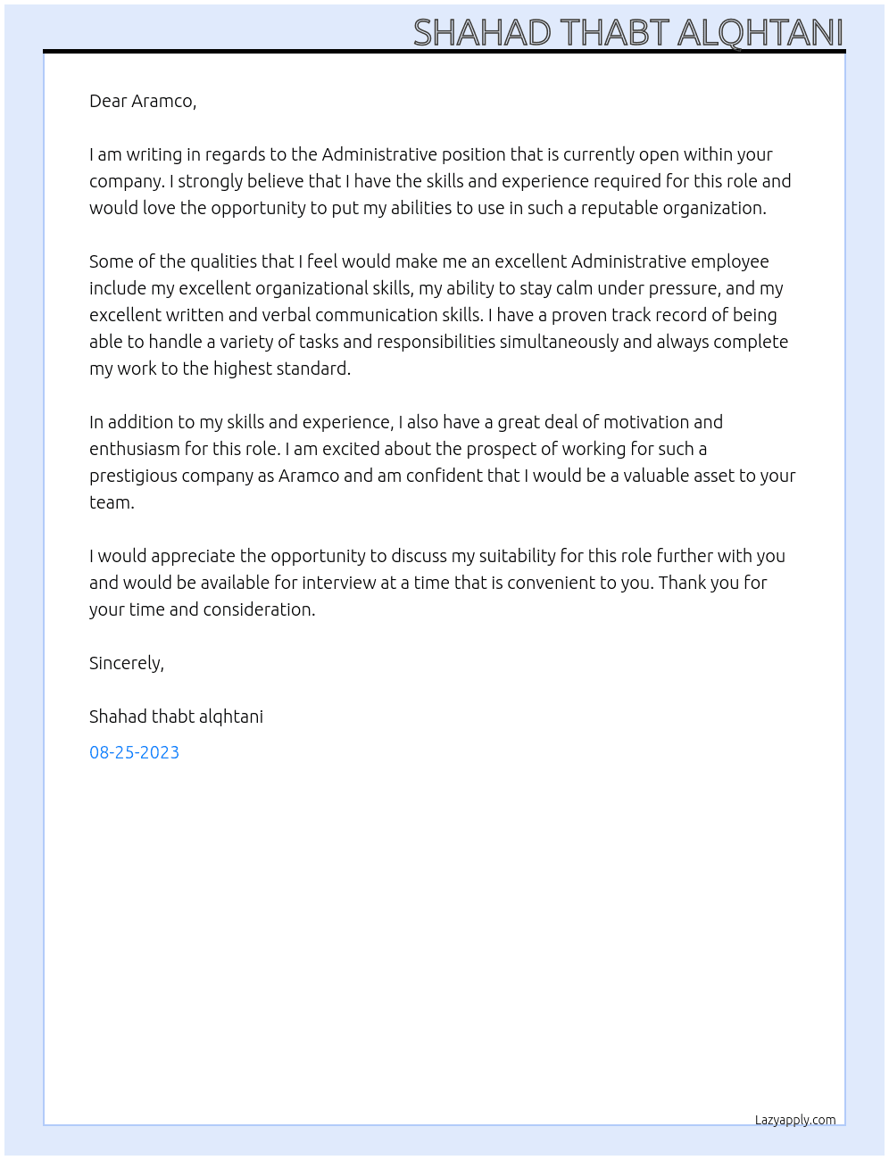 Administrative At Aramco Cover Letter