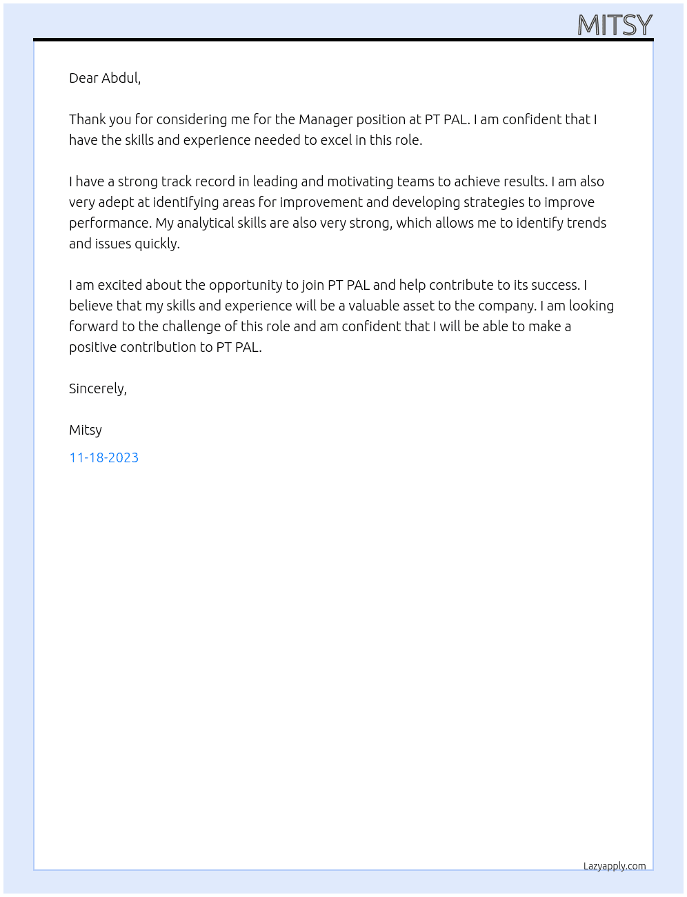 Manager  At PT PAL  Cover Letter