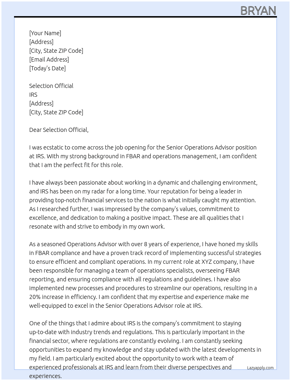 Senior Operations Advisor At IRS Cover Letter